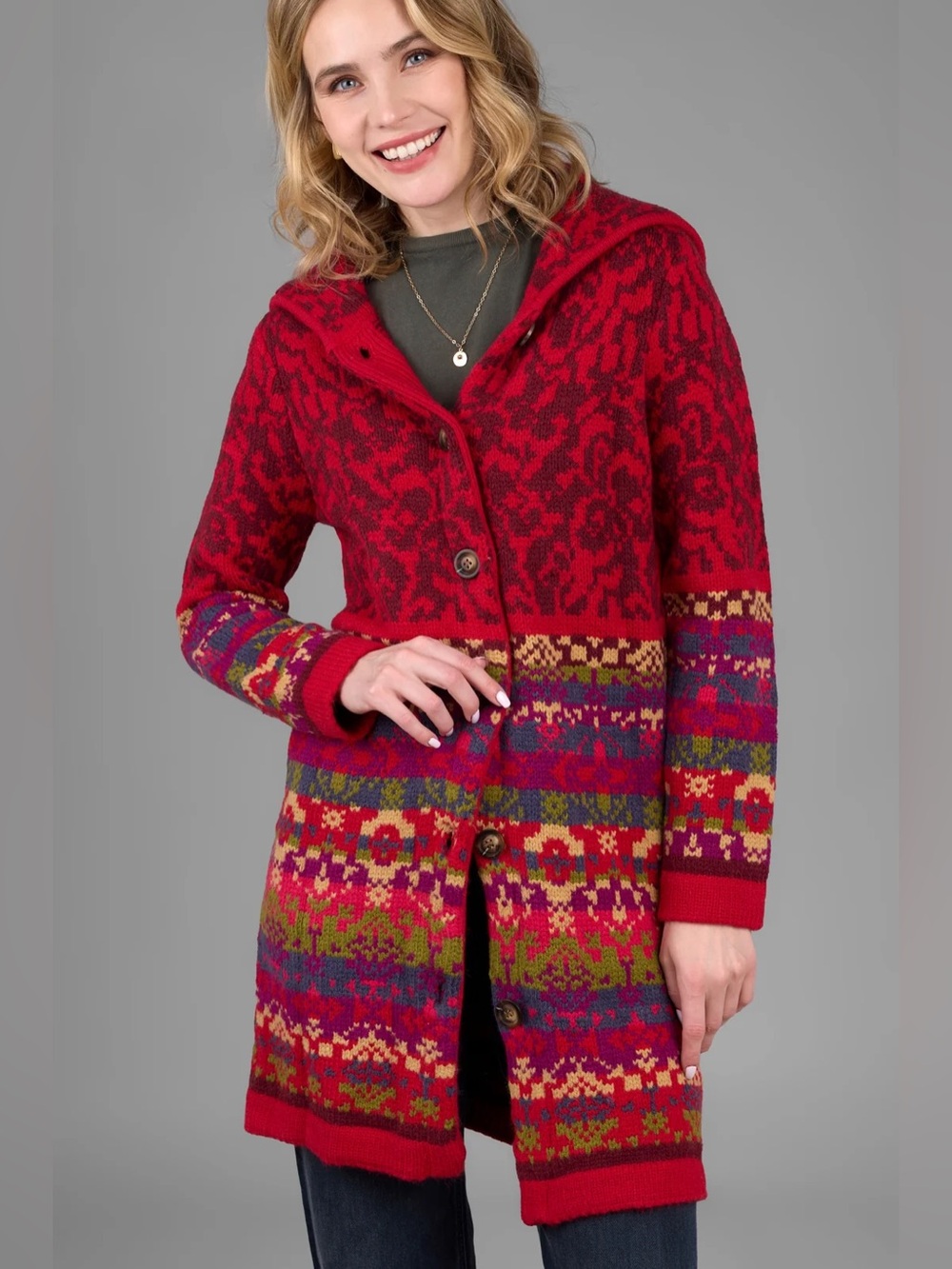Sundance women’s M Medium red fair isle Nordic long lambswool hooded cardigan